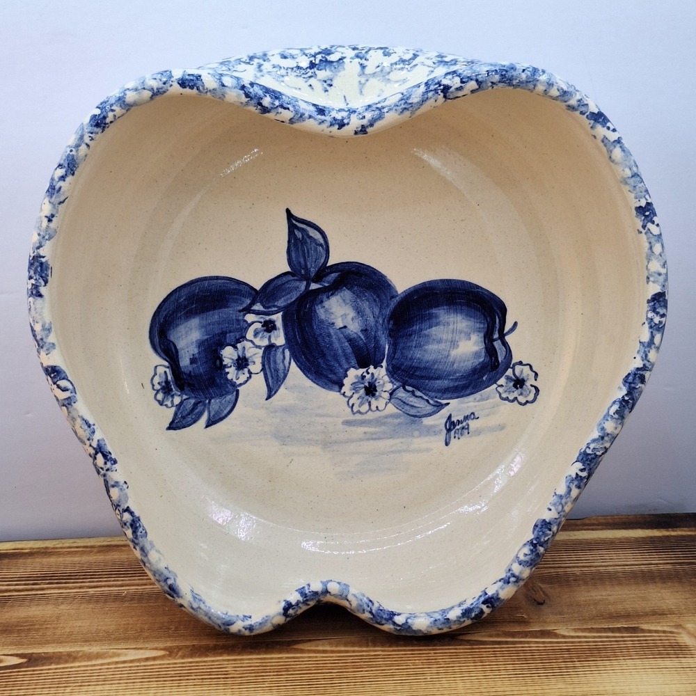 1989 Blue Apple Ceramic Hand-Turned Texas Pottery Serving Bowl Bakeware 11x10x3